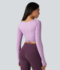 Push-Up Molded Spacer Scoop Neck Long Sleeve Thumb Holes Crossover Cropped Yoga Sports Top