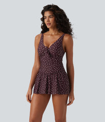 V Neck Push-Up Tie Front Tummy Control 2-in-1 Polka Dot One-Piece Swimsuit