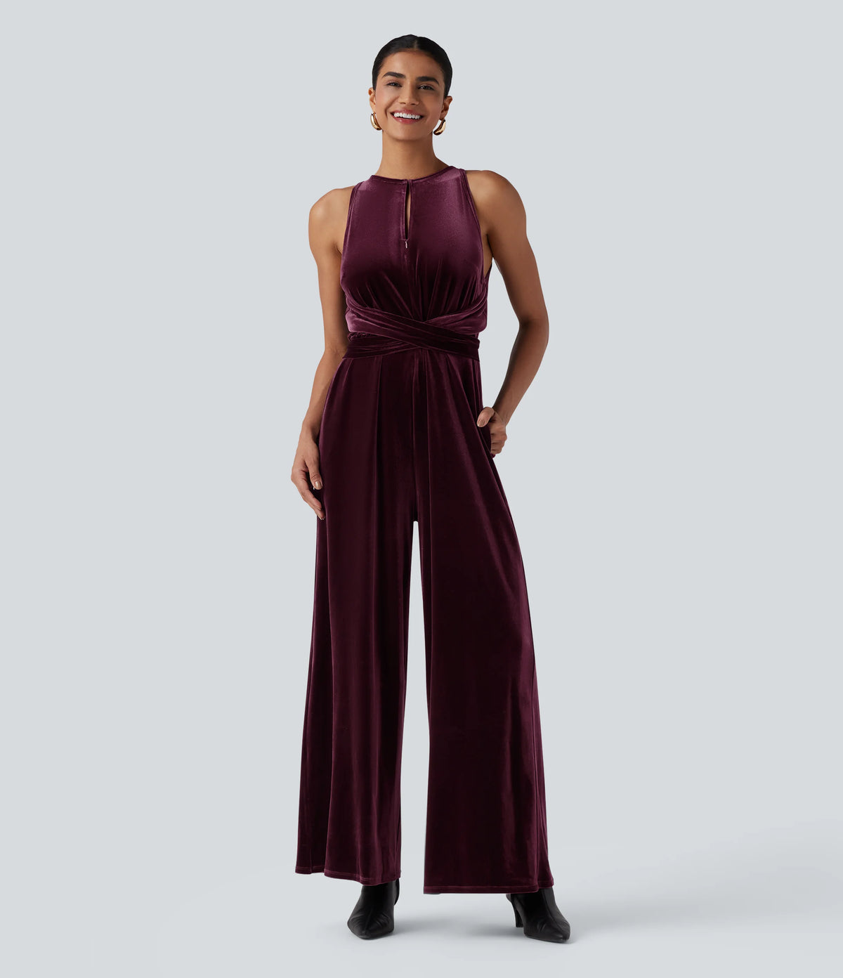 Round Neck Sleeveless Tie Back Velvet Party Jumpsuit with Pockets