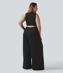 Plus Size V Neck Sleeveless Cut Out Wide Leg InstantCool Stripe Work Jumpsuit with Pockets