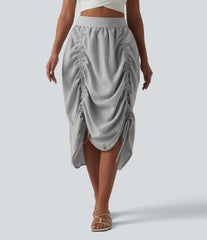 High Waisted Drawstring Stripes Midi Casual A-line Skirt with Pockets