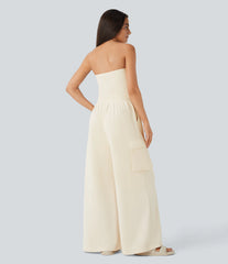 Tube Drawstring Pockets Wide Leg Casual Cargo Jumpsuit