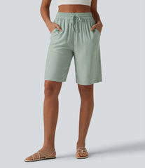 High Waisted Drawstring Casual Linen-Blend Bermuda Shorts 10'' with Pockets
