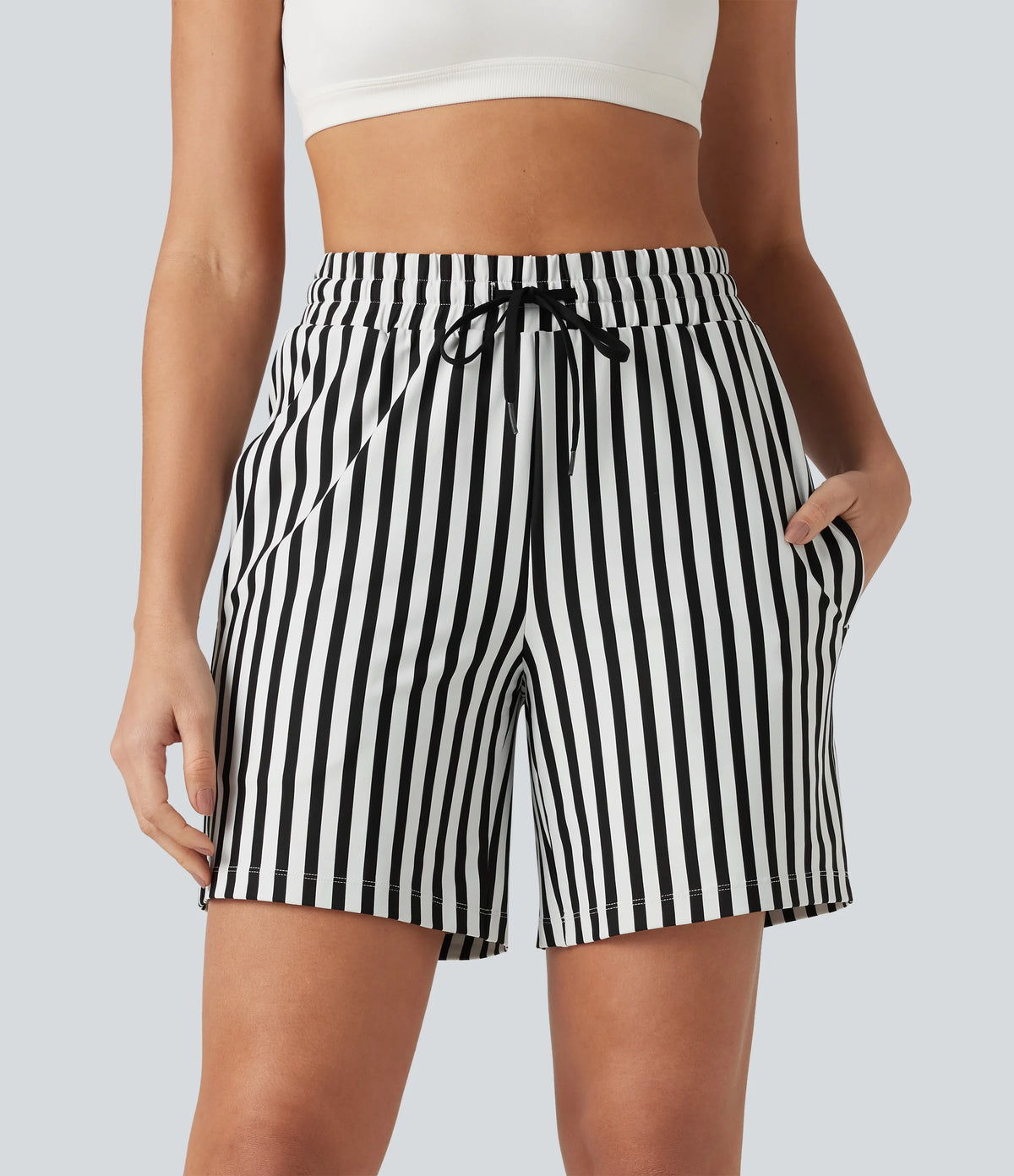 High Waisted Drawstring 2-in-1 Stripe Yoga Shorts 7'' with Pockets