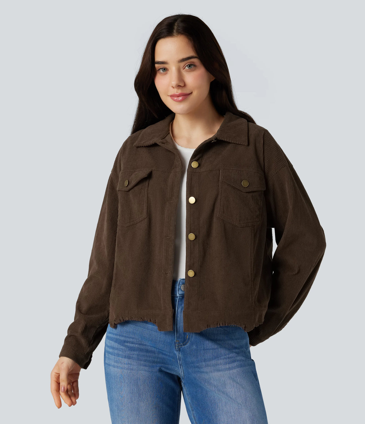 Long Sleeve Button Fly Corduroy Casual Shacket Jacket with Pockets