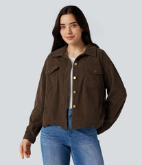 Long Sleeve Button Fly Corduroy Casual Shacket Jacket with Pockets