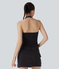Halara Flex™ Halter Zipper Washed Denim Casual Tank Top