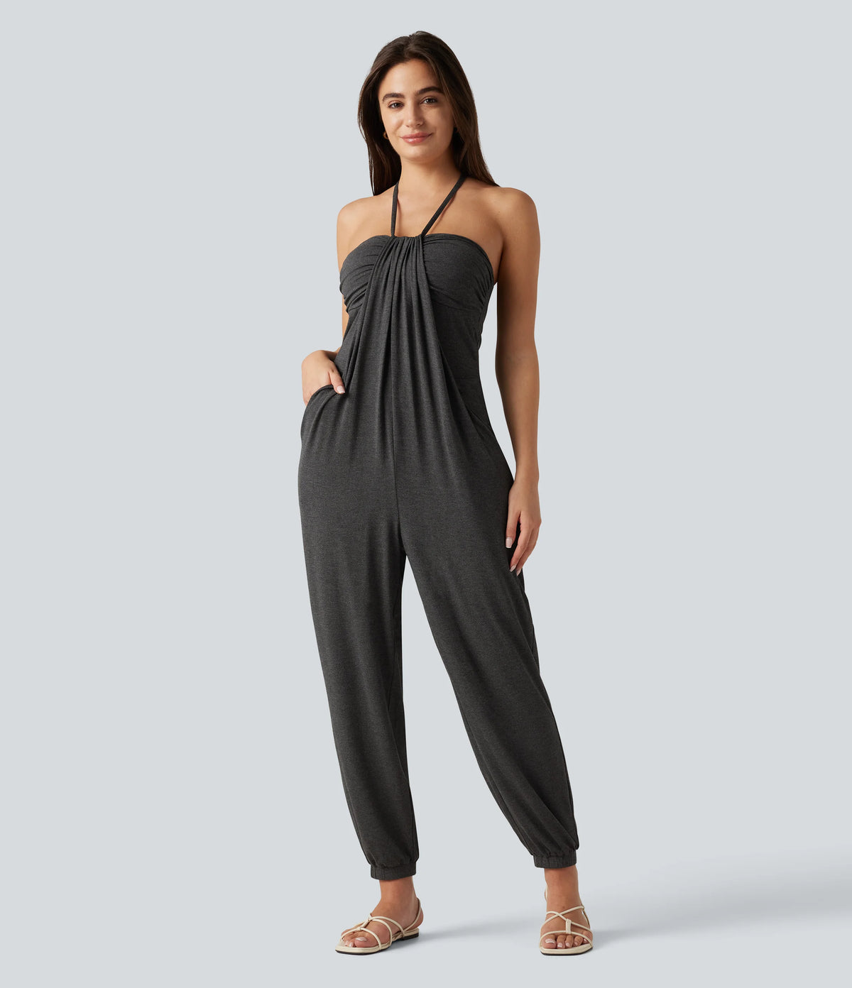 Halter Tie-back Built-in Bra Resort Tapered Jumpsuit with Pockets