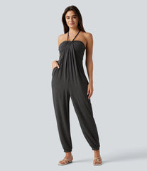 Halter Tie-back Built-in Bra Resort Tapered Jumpsuit with Pockets