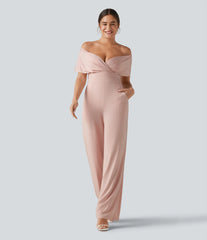 Off Shoulder Built-in Bra Short Sleeve Casual Jumpsuit with Pockets