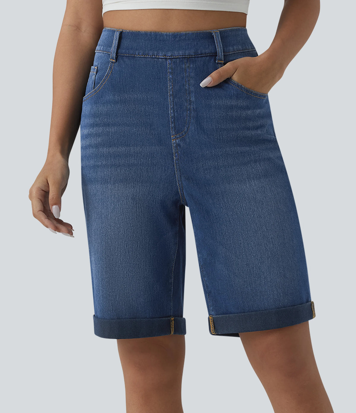 Halara Flex™ High Waisted Rolled Hem Casual Denim Bermuda Shorts with Pockets