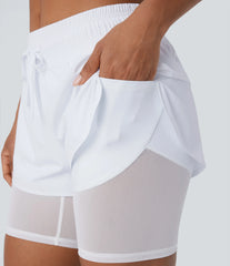 Breezeful™ Mid Rise Drawstring Contrast Mesh 2-in-1 Pocket Quick Dry Running Shorts