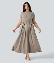 Plus Size Stand Collar Short Sleeve Flare Maxi Casual Dress with Pockets