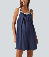 Spaghetti Solid Wide Leg Casual Maternity Romper with Pockets