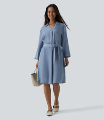 V Neck Long Sleeve Tie Front Denim Mini Casual Dress with Pockets