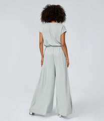 V Neck Short Sleeve Side Pocket Wide Leg Flowy Waffle Casual Jumpsuit