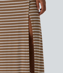 Ribbed Knit High Waisted Tummy Control Stripe Maxi Casual Skirt with Pocket