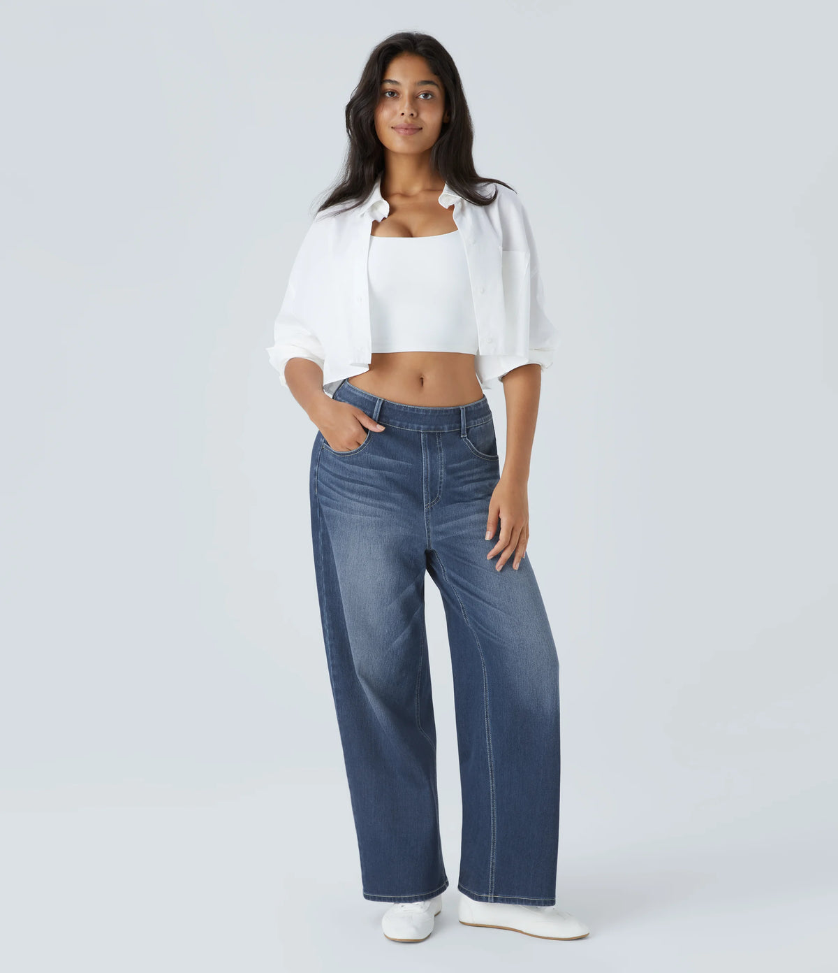 Halara Flex™ Mid Rise Pockets Washed Baggy Wide Leg Casual Jeans