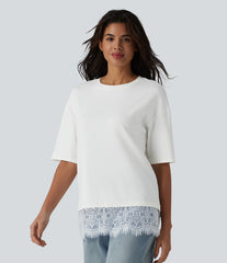 Round Neck Half Sleeve Contrast Lace Casual Cotton T-Shirt