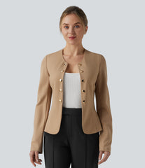 Round Neck Decorative Button Pleated Hem Work Blazer