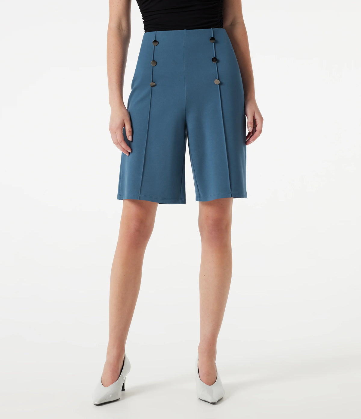 High-waisted Decorative Buttons Work Baggy Bermuda Shorts with Pockets