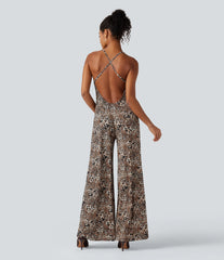 Crisscross Backless Leopard Print Party Slip Jumpsuit