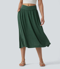 High Waisted Crossover Flowy Midi Casual Skirt with Pockets