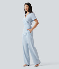 Short Sleeve Wrapped Tie Back Stripe Crinkle Cotton Casual Shirt Jumpsuit with Pockets-Easy Peezy Edition