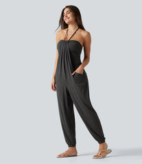 Halter Tie-back Built-in Bra Resort Tapered Jumpsuit with Pockets