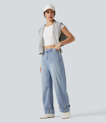 Halara Flex™ Mid Rise Rolled Hem Casual Barrel Leg Jeans with Pockets