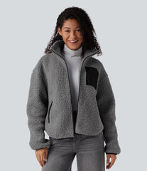 Turtleneck Long Sleeve Casual Sherpa Jacket with Pockets