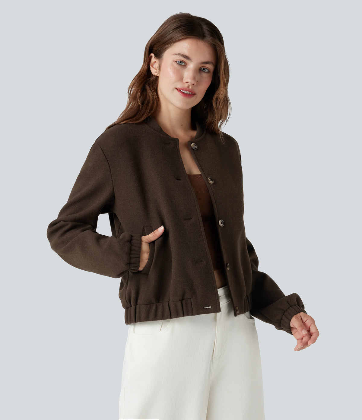 Crossover Back Long Sleeve Fleece Casual Jacket with Pockets
