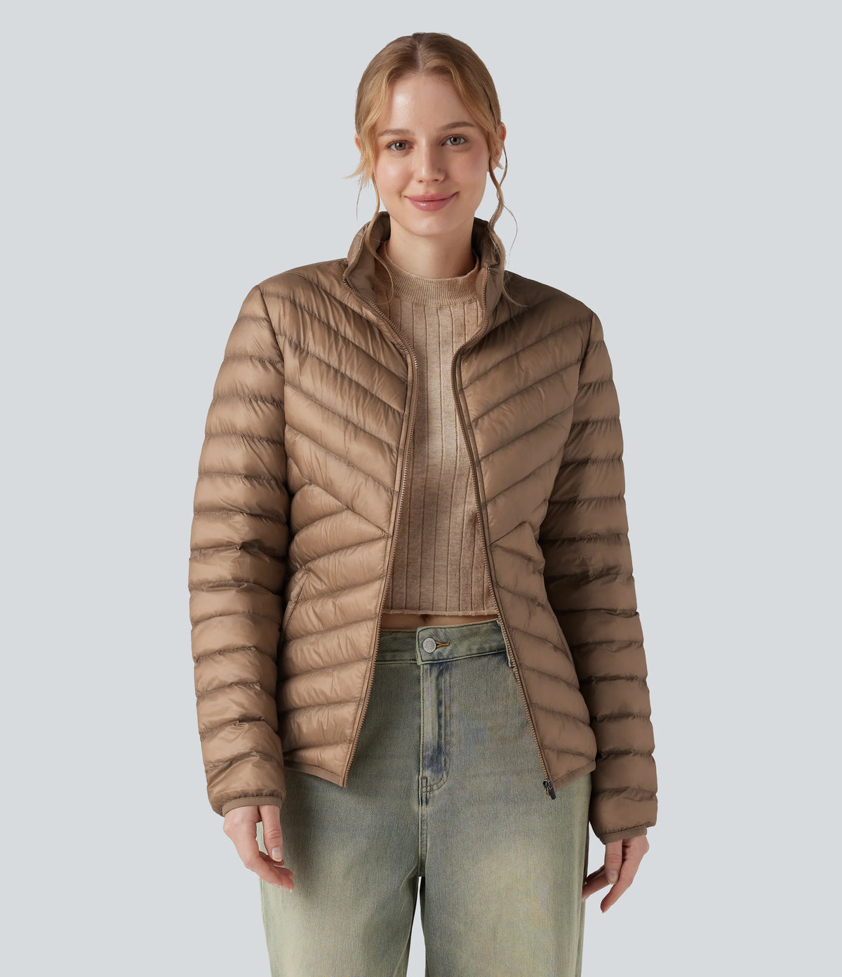 Packable Stand Collar Long Sleeve Zipper Casual Synthetic Down Jacket with Pockets