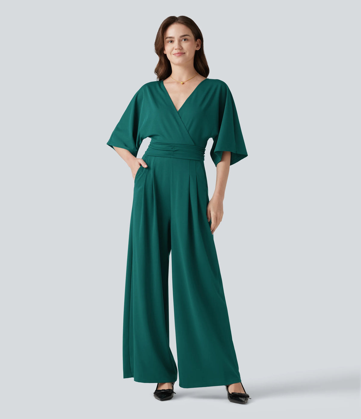 V-neck Half Sleeve Tie-back Work Baggy Jumpsuit with Pockets-Easy Peezy