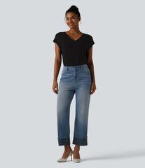 Halara Flex™ High Waisted Straight Leg Washed Casual Cuffed Jeans with Pockets