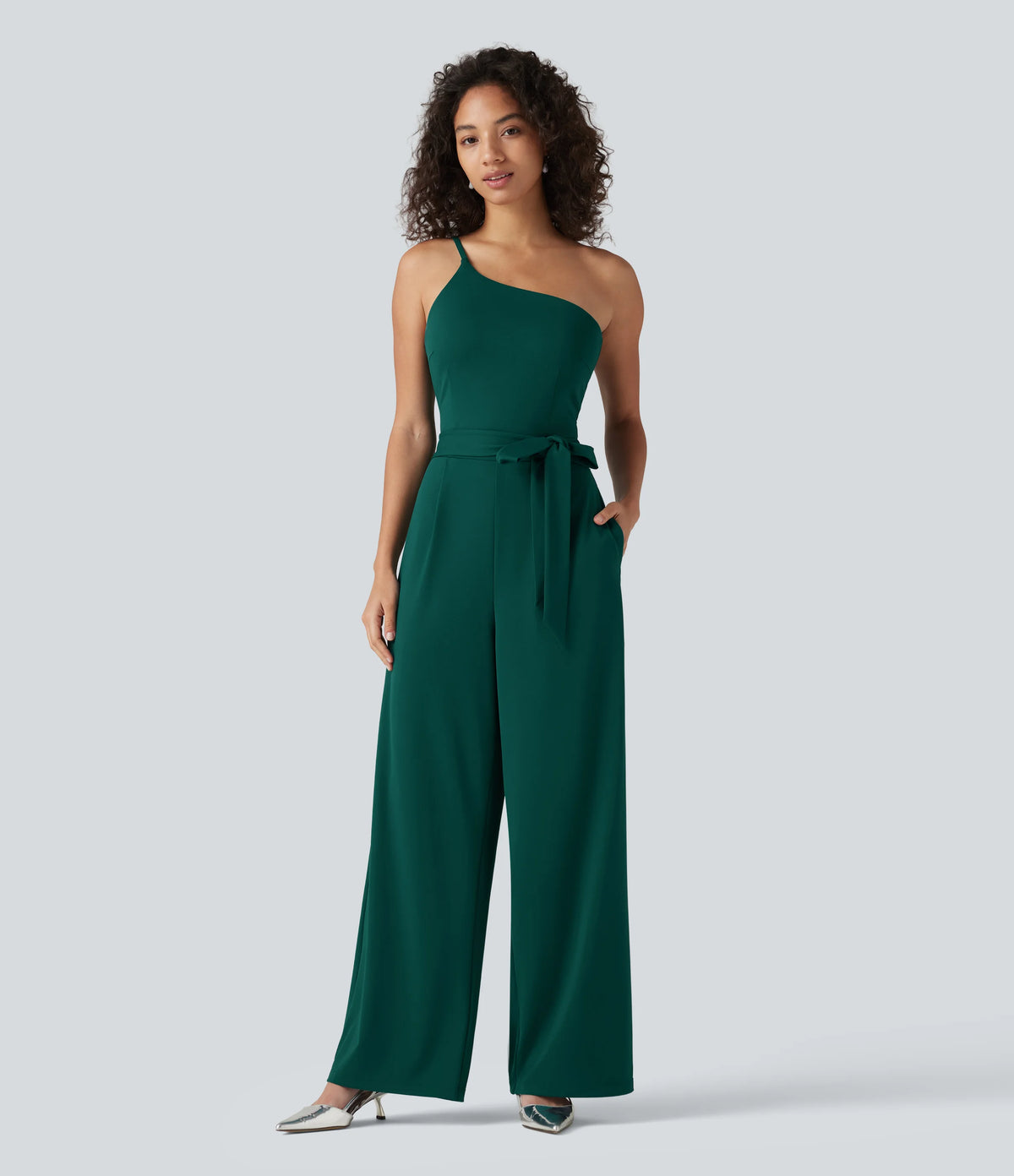 One Shoulder Sleeveless Belted Built-in Bra Party Jumpsuit with Pockets- Easy Peezy