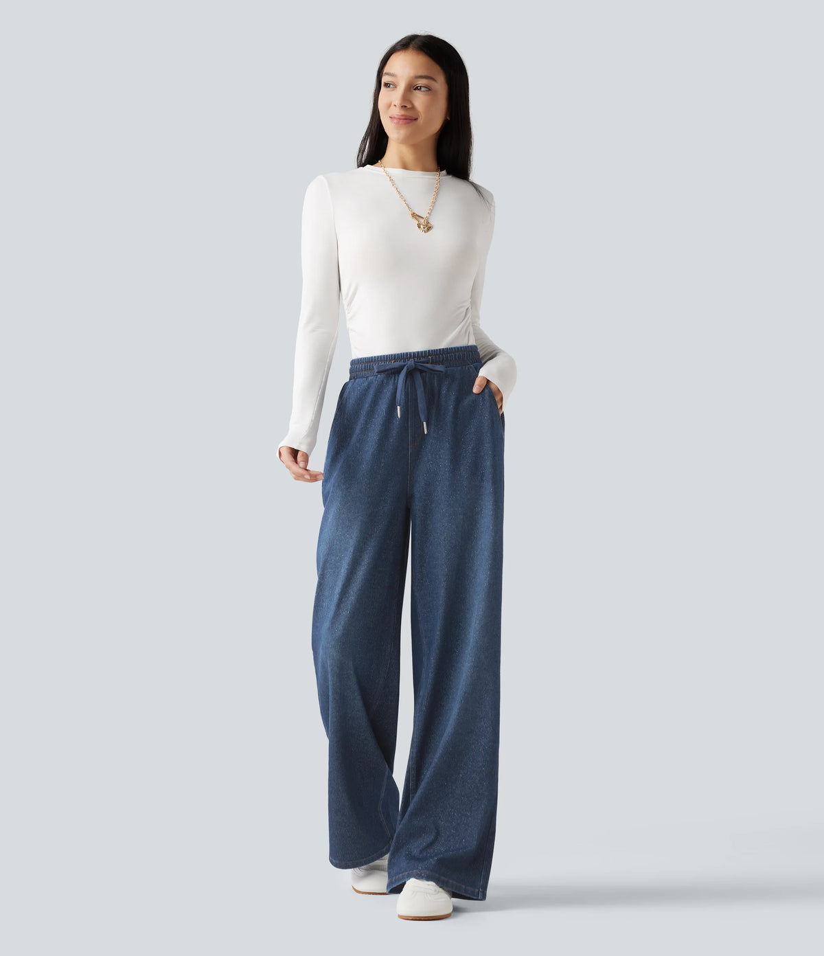 Halara Flex™ High Waisted Drawstring Wide Leg Silver Shine Casual Sweatpants Jeans with Pockets
