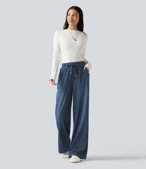 Halara Flex™ High Waisted Drawstring Wide Leg Silver Shine Casual Sweatpants Jeans with Pockets