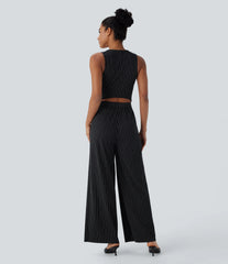 V Neck Sleeveless Cut Out Pockets Wide Leg Stripe InstantCool Work Jumpsuit