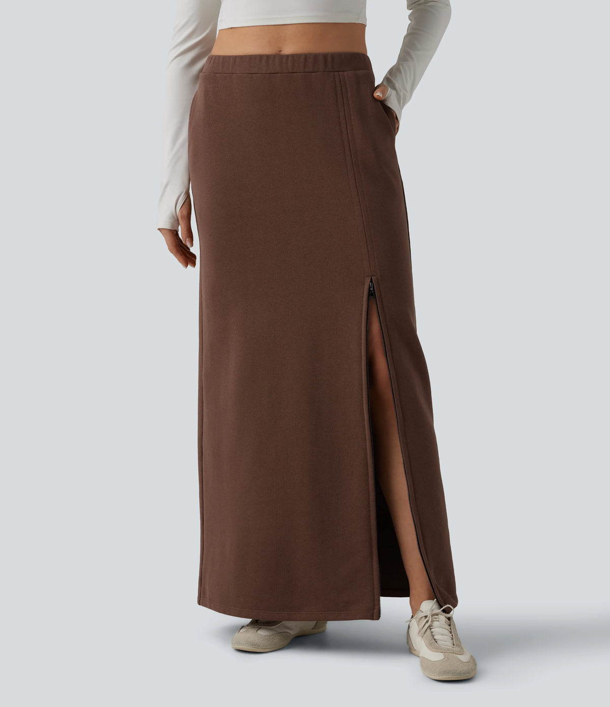 High Waisted French Terry Maxi Casual Cotton Skirt with Pockets
