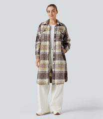 Long Sleeve Plaid Longline Casual Sherpa Jacket with Pockets