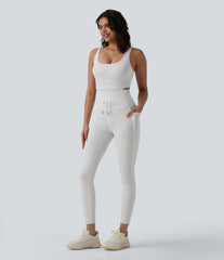 U Neck Cut Out Drawstring Tummy Control Stripe Yoga Jumpsuit with Pockets-Easy Peezy Edition