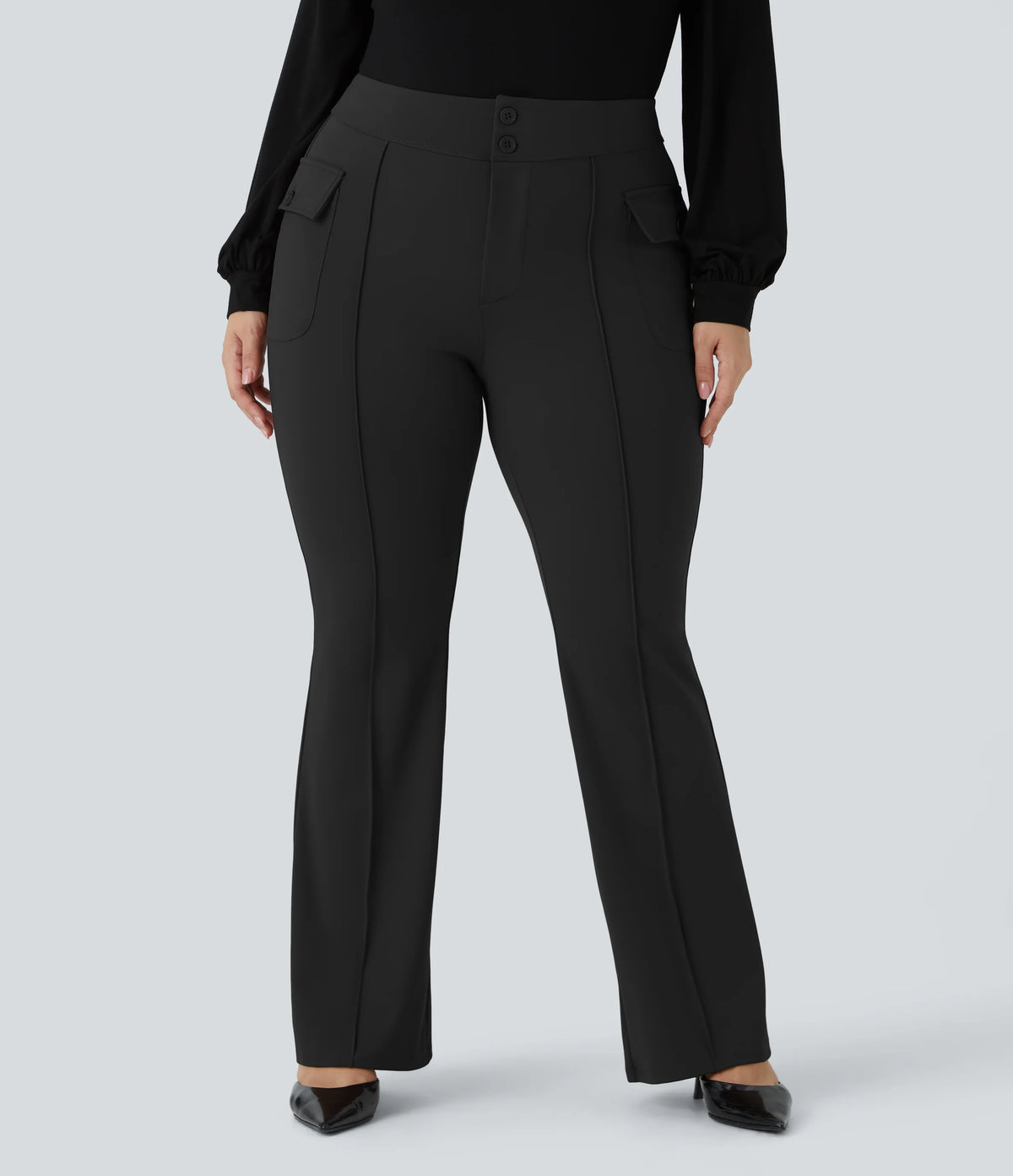 High Waisted Side Flap Pocket Flare Plus Size Casual Cargo Pants