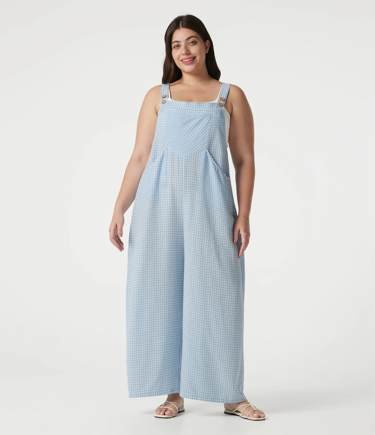 Plus Size Plaid Casual Linen-Feel Overalls with Pockets