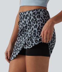 High Waisted Tummy Control Ruched 2-in-1 Mini Leopard Print Waffle Casual Tulip Skirt