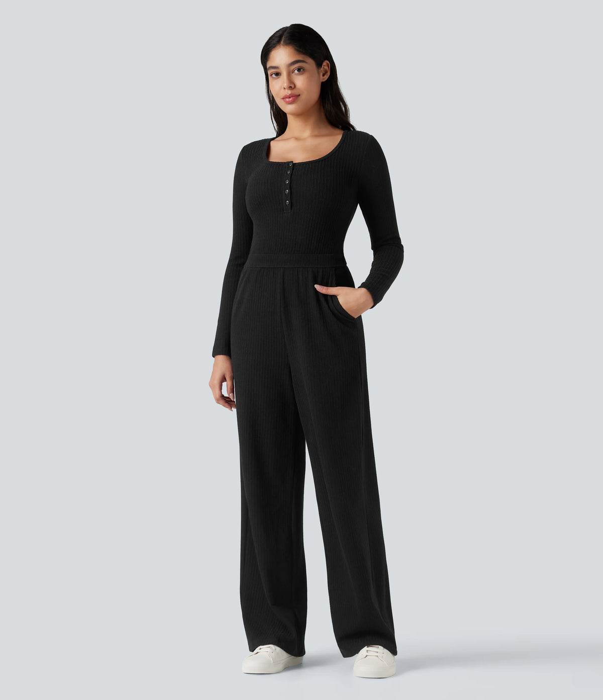 Ribbed Henley Long Sleeve Casual Jumpsuit with Pockets-Easy Peezy