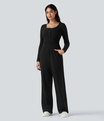 Ribbed Henley Long Sleeve Casual Jumpsuit with Pockets-Easy Peezy