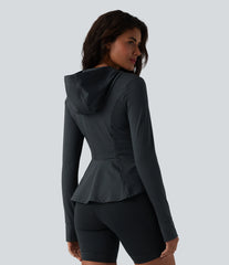 Hooded Long Sleeve Thumb Hole Stripe Yoga Jacket with Pockets