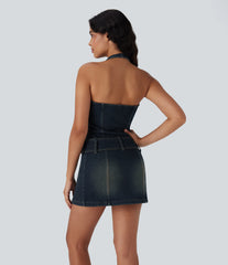 Halara Flex™ Halter Zipper Belted Bodycon Mini Washed Denim Casual Dress