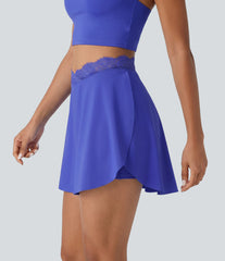 SoftlyZero™ Airy High Waisted Contrast Lace Curved Split Hem 2-in-1 Mini Tennis Skirt with Pockets-UPF50+